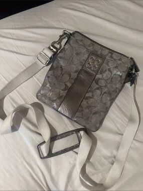 Coach Metallic Monogram Crossbody in Silver and Off-White